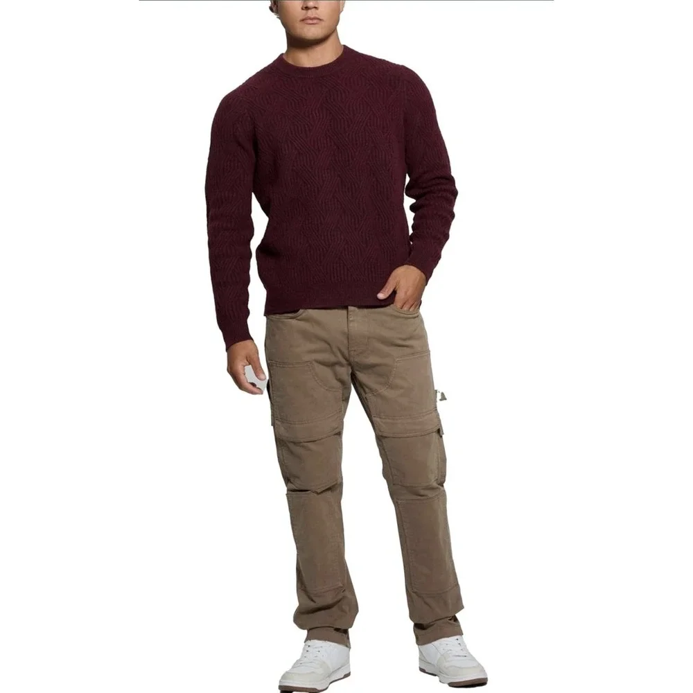 Guess Eco Wesley‎ Burgundy Red Long Sleeve Lattice Ribbed Sweater Size Medium - Picture 2 of 11